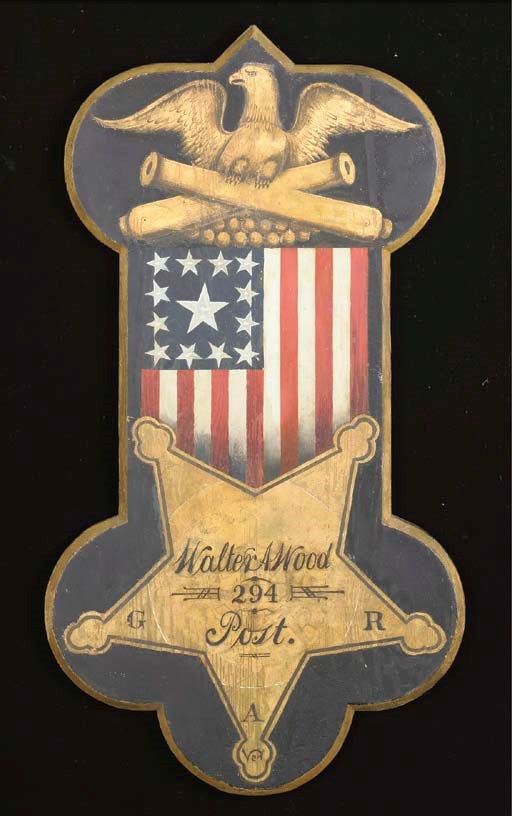 A CARVED AND PAINTED PINE SIGN: WALTER A. WOOD, GRAND ARMY OF THE REPUBLIC,