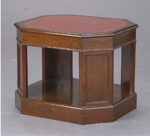 A PAIR OF MAHOGANY AND LEATHER INSET OCTAGONAL SIDE TABLES,