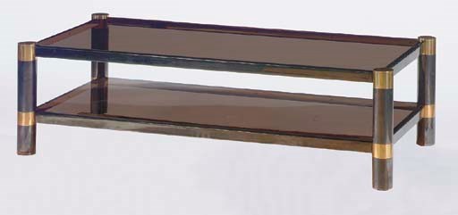 A CONTINENTAL BRASS, STEEL AND GLASS LOW TABLE,