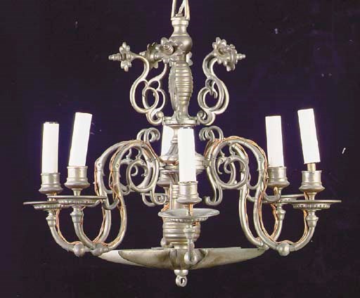 A BAROQUE-STYLE METAL SIX-LIGHT CHANDELIER,