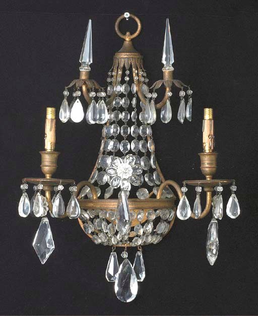 A PAIR OF NEOCLASSIC STYLE GITL-METAL AND CUT-GLASS TWO BRANCH WALL-LIGHTS,