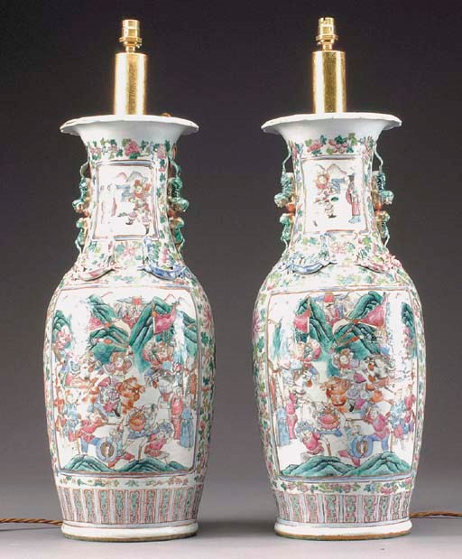 A PAIR OF CHINESE EXPORT VASES MOUNTED AS LAMPS,