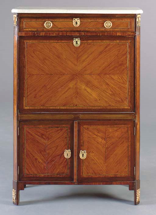 A LOUIS XVI STYLE ORMOLU-MOUNTED TULIPWOOD AND KINGWOOD SECRETAIRE A ABATTANT
