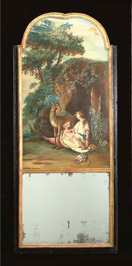 A EUROPEAN EBONIZED AND PARCEL-GILT DECORATED TRUMEAU MIRROR,