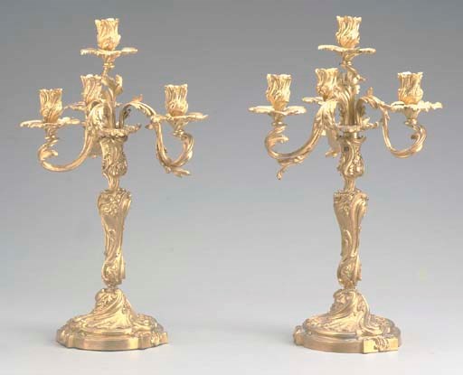 A PAIR OF LOUIS XV STYLE GILT-BRONZE FOUR-LIGHT CANDELABRA,
