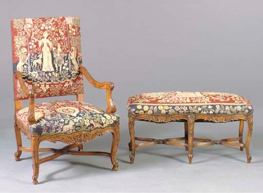 A REGENCE STYLE GROS-POINT COVERED FAUTEUIL AND BANQUETTE,
