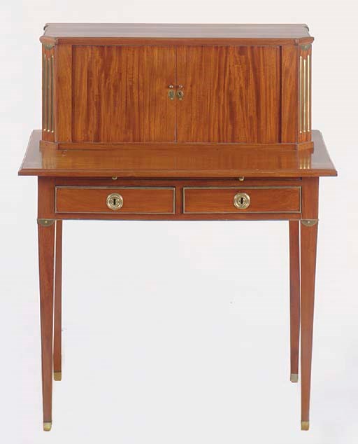 A LOUIS XVI STYLE MAHOGANY AND BRASS MOUNTED BONHEUR DU JOUR,