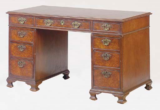 A VICTORIAN BURR WALNUT DOUBLE PEDESTAL DESK,