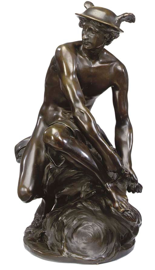 A FRENCH BRONZE FIGURE OF THE SEATED MERCURY