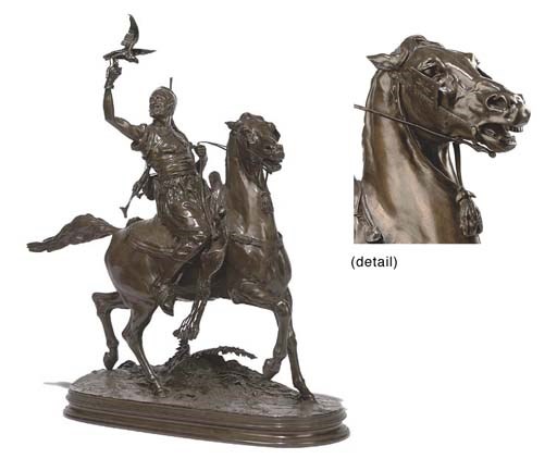 A FRENCH BRONZE EQUESTRIAN GROUP OF A FALCONER