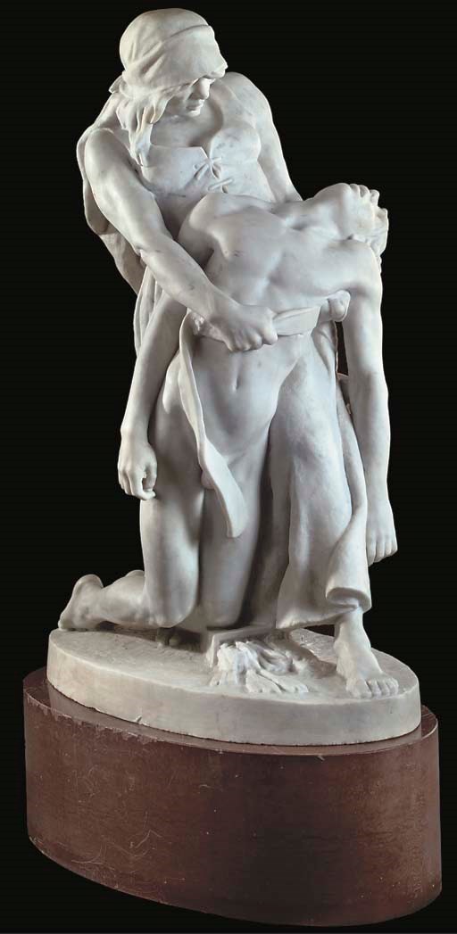 A WHITE MARBLE GROUP 'THE BARBARIAN'