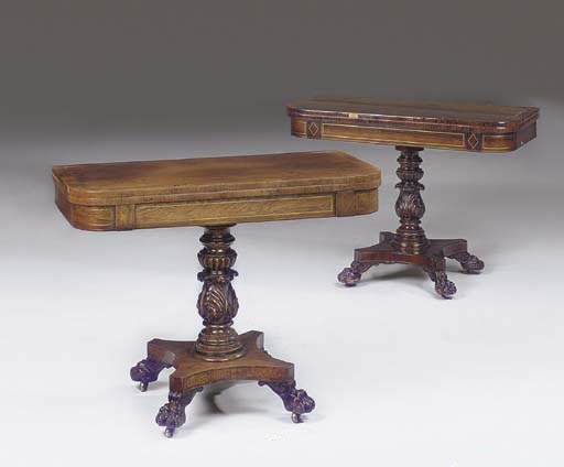 A PAIR OF REGENCY BRASS INLAID ROSEWOOD AND SIMULATED ROSEWOOD TEA TABLES