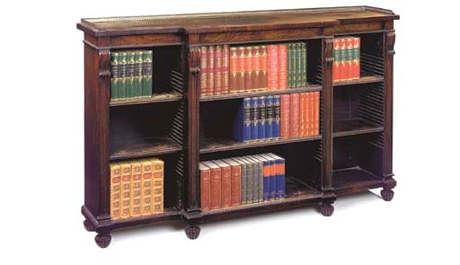 A GEORGE IV ROSEWOOD BREAKFRONT OPEN BOOKCASE