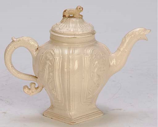 A STAFFORDSHIRE WHITE SALTGLAZE STONEWARE CHINOISERIE TEAPOT AND COVER,