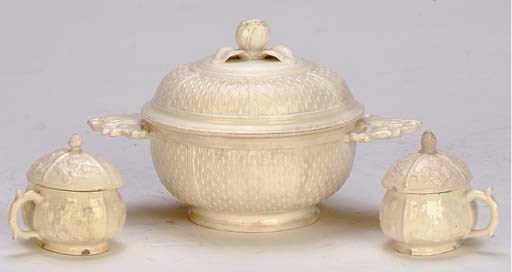 A FRENCH FAIENCE FINE ECUELLE AND COVER AND TWO JUICE-POTS AND COVERS,