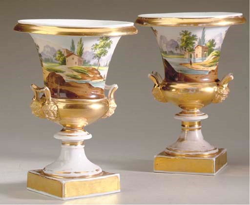 A PAIR OF PARIS PORCELAIN CAMPANA-FORM URNS,