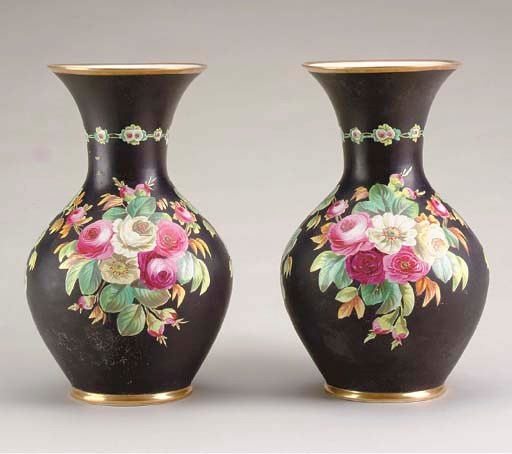 A PAIR OF ENGLISH BLACK-GROUND PORCELAIN BALUSTER VASES,