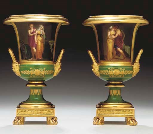 A PAIR OF PARIS GREEN-GROUND CAMPANA VASES,