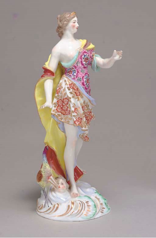 TWO CONTINENTAL PORCELAIN FEMALE ALLEGORICAL FIGURES AND A CROWN STAFFORDSHIRE MODEL OF A DUCK,