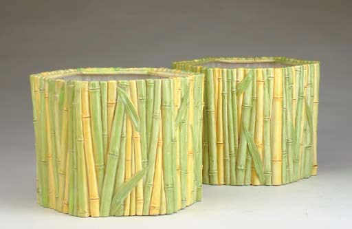 A PAIR OF GLAZED CERAMIC HEXAGONAL CACHEPOTS,