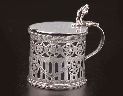 MOUTARDIER EN ARGENT ET VERRE BLEU