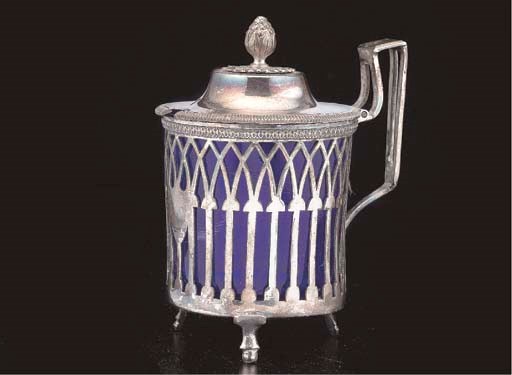 MOUTARDIER EN ARGENT ET VERRE BLEU