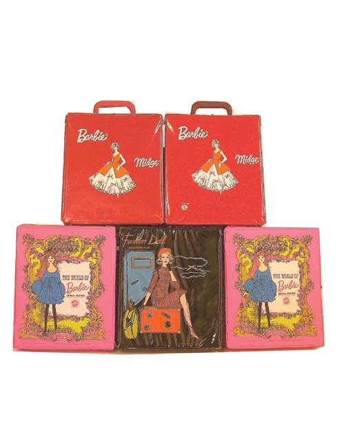 Five vinyl Barbie carrying cases