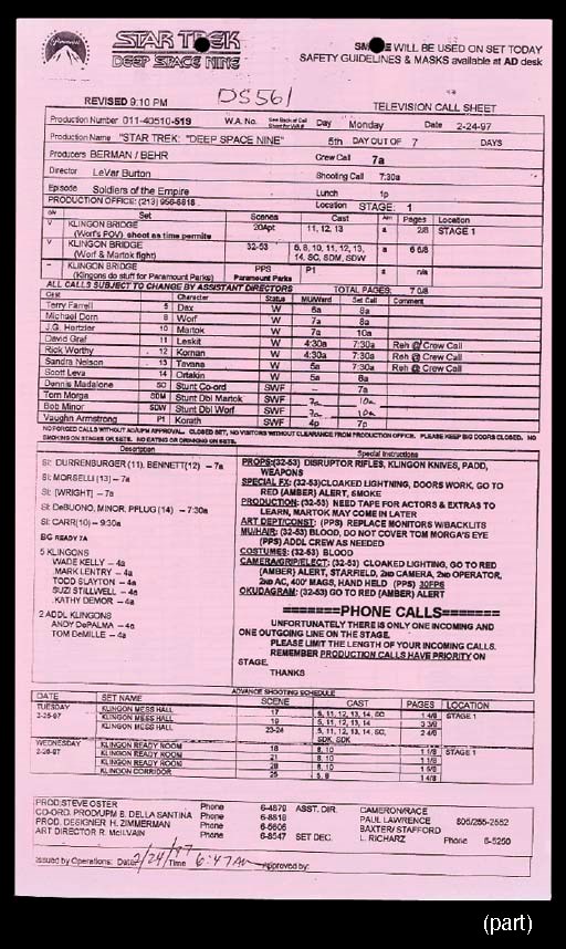 STAR TREK: DEEP SPACE NINE CALL SHEETS