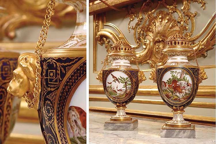 A PAIR OF LOUIS XVI ORMOLU-MOUNTED PARIS (DUC D'ANGOULEME OR DUC D'ORLEANS) PORCELAIN COVERED VASES