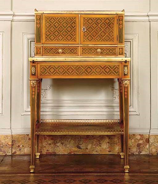 A LOUIS XVI ORMOLU-MOUNTED BOIS CITRONNIER, GREEN-STAINED AND PARQUETRY BONHEUR DU JOUR