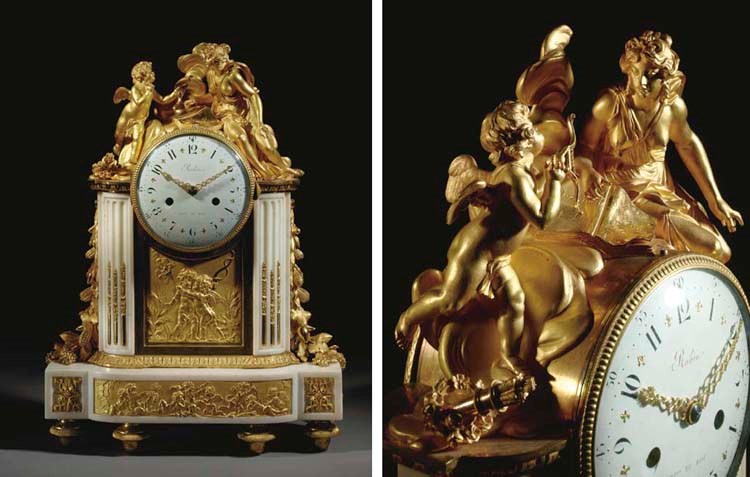 A LOUIS XVI ORMOLU AND WHITE MARBLE MANTEL CLOCK