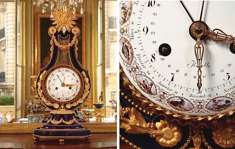A LATE LOUIS XVI ORMOLU-MOUNTED SEVRES BLUE PORCELAIN LYRE-FORM CLOCK
