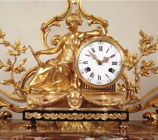 A LATE LOUIS XV ORMOLU AND EBONIZED MANTEL CLOCK