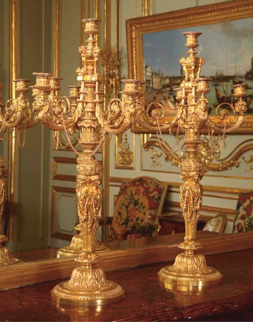 A PAIR OF FRENCH ORMOLU FIVE-BRANCH CANDELABRA