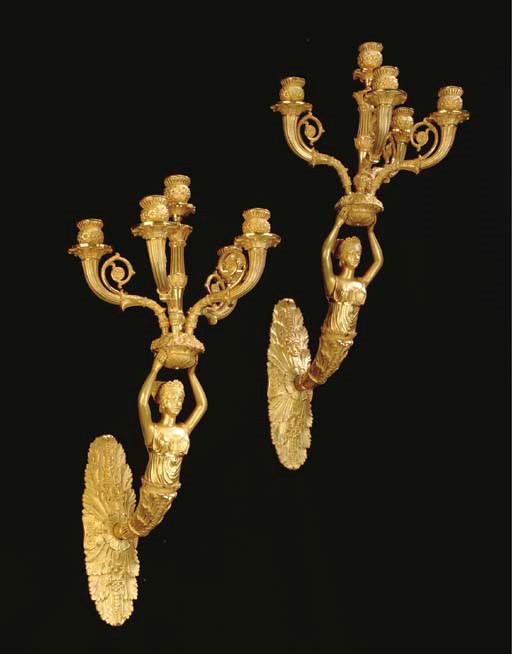 A PAIR OF RESTAURATION ORMOLU FIVE-BRANCH WALL LIGHTS