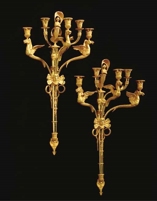 A PAIR OF FRENCH ORMOLU FIVE-BRANCH WALL LIGHTS