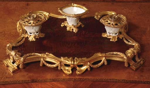 A LATE LOUIS XV ORMOLU-MOUNTED CHINESE PORCELAIN AND BROWN LACQUER ENCRIER