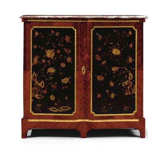 A LOUIS XV ORMOLU-MOUNTED TULIPWOOD AND CHINESE BLACK, GILT AND SCARLET LACQUER ARMOIRE