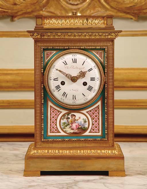 A FRENCH SEVRES PORCELAIN-MOUNTED ORMOLU MANTEL CLOCK