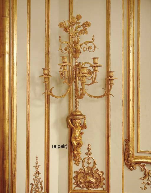 A PAIR OF FRENCH ORMOLU FIVE-LIGHT WALL-LIGHTS