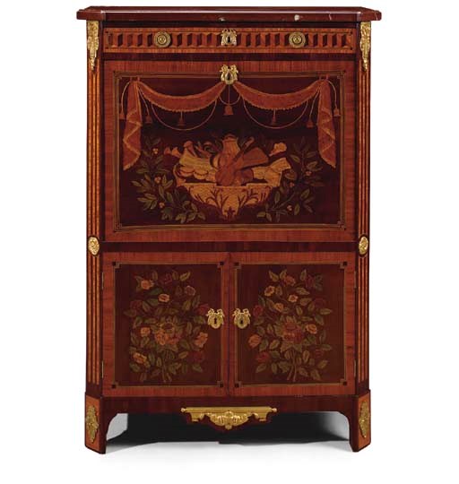 A LOUIS XVI ORMOLU-MOUNTED TULIPWOOD, SYCAMORE, KINGWOOD, AMARANTH AND RED AND GREEN-STAINED MARQUETRY AND PARQUETRY SECRETAIRE