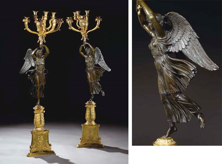 A PAIR OF EMPIRE ORMOLU AND PATINATED-BRONZE SEVEN-LIGHT CANDELABRA
