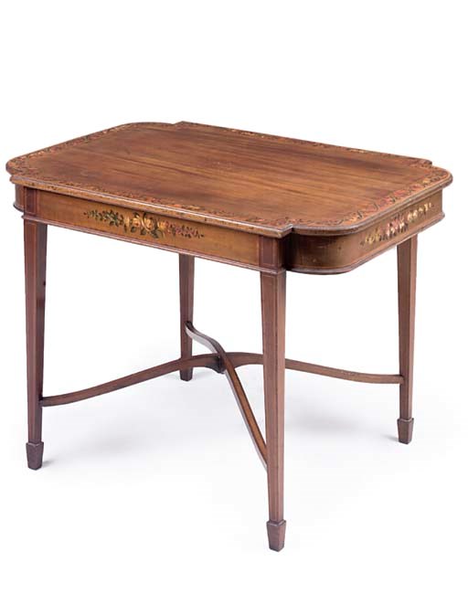 AN EDWARDIAN MAHOGANY SATINWOOD CROSSBANDED AND POLYCHROME DECORATED CENTRE TABLE