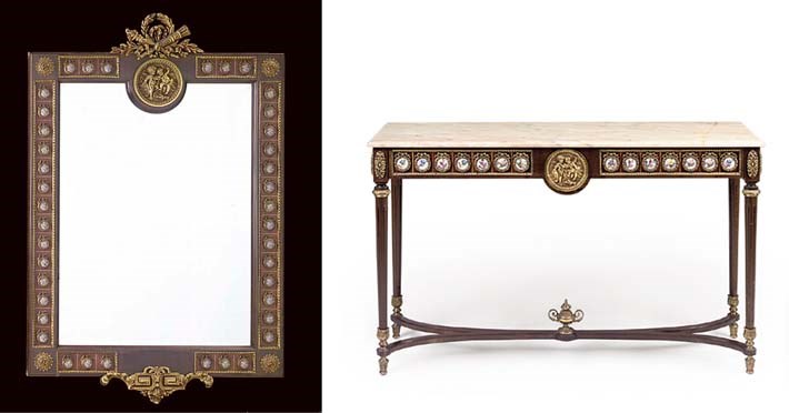 A FRENCH GILT METAL AND PORCELAIN MOUNTED SIDE TABLE AND MIRROR