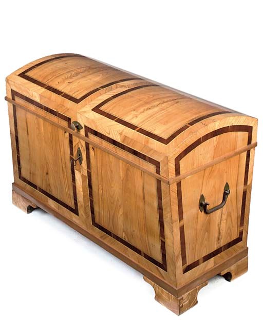 A SOUTH GERMAN ASH AND FRUITWOOD CROSSBANDED DOME TOP COFFER