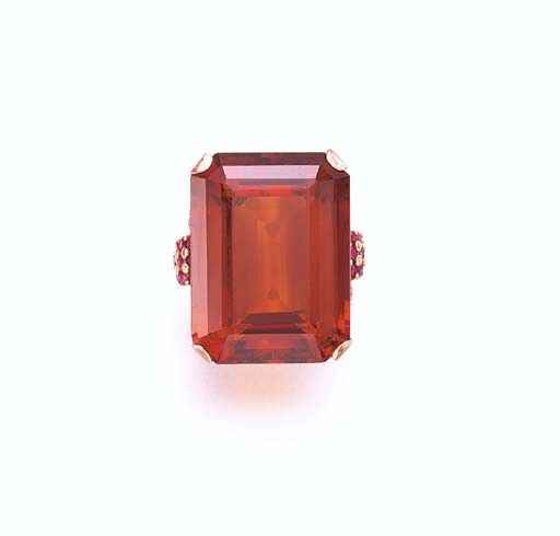 A CITRINE, RUBY AND DIAMOND RING