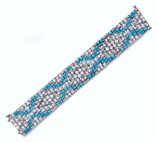 AN ART DECO TURQUOISE AND DIAMOND BRACELET