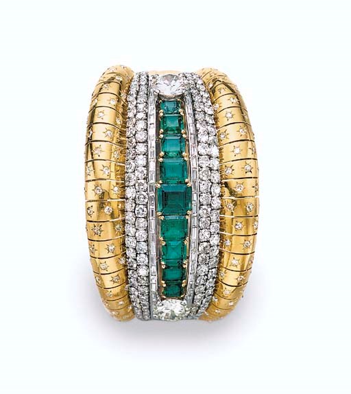 AN EMERALD, DIAMOND AND GOLD CUFF BRACELET, BY VAN CLEEF & ARPELS