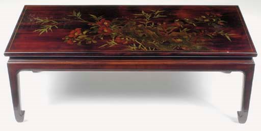 A CHINESE LACQUERED AND PAINT DECORATED LOW TABLE,