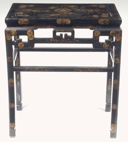 A CHINESE BLACK LACQUER, GILT AND PAINT-DECORATED SIDE TABLE,